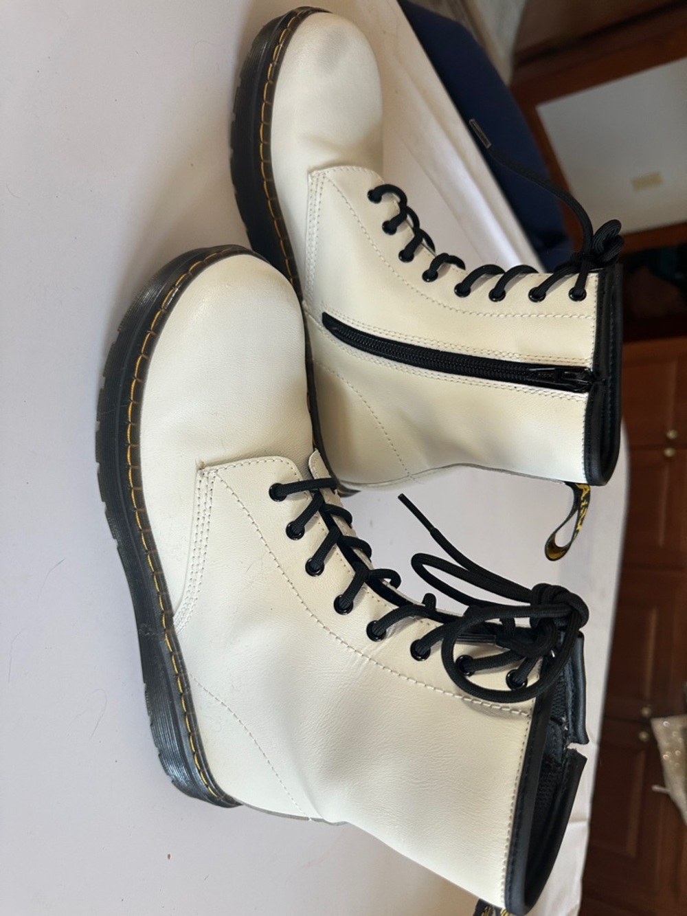 Dr. Martens Zavalay White Leather Ankle Boots with Black Trim
